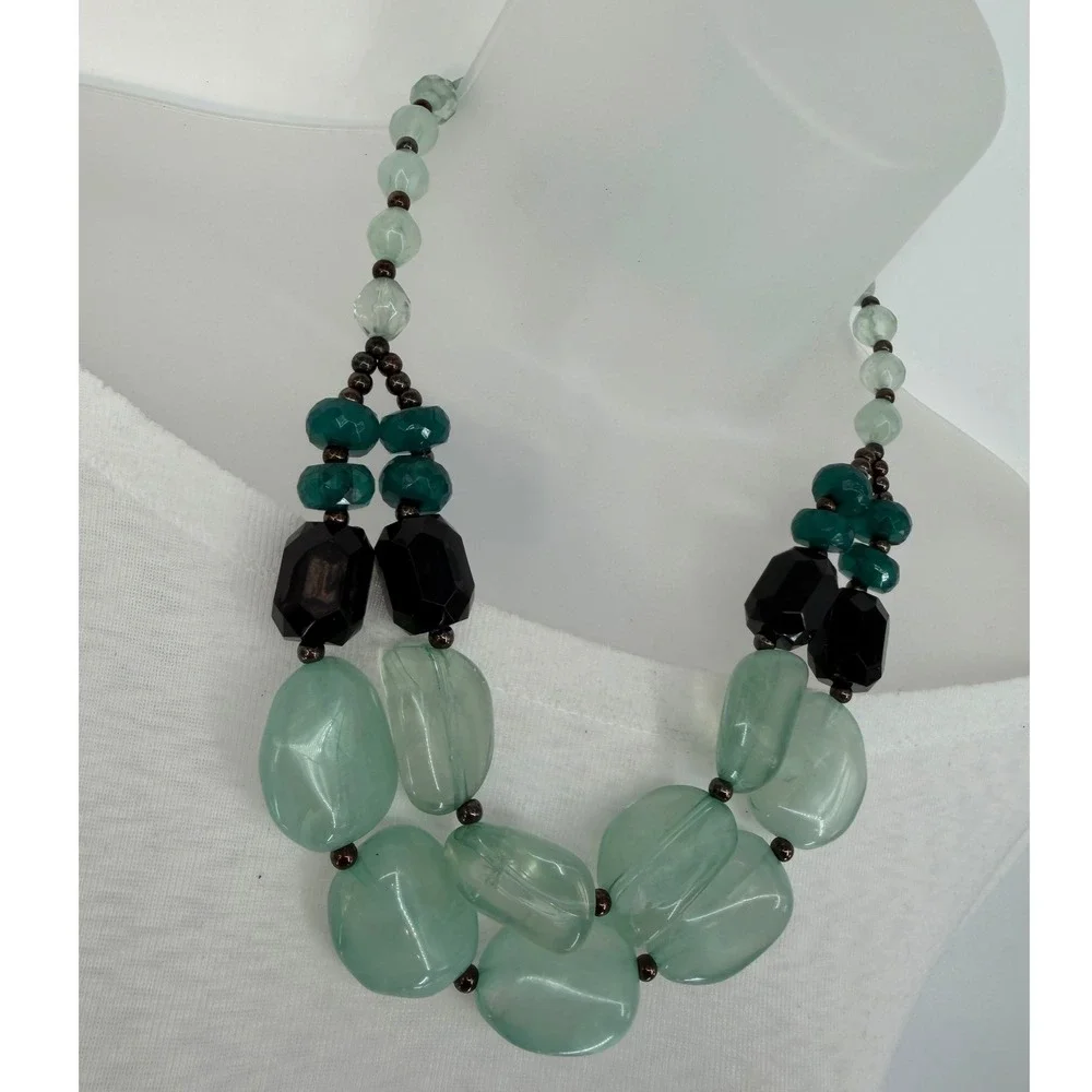 Chunky Beaded Necklace Seafoam Green Teal Black Multi Strand Toggle Chic 103-167